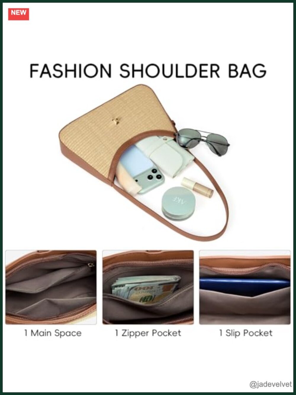 Straw Shoulder Bag Crescent Hobo Crossbody with Adjustable Strap - Picture 3 of 5